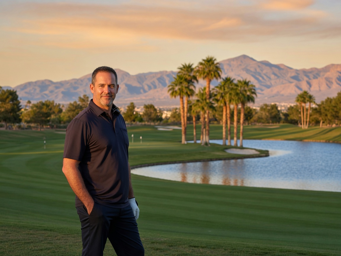 Scenic sunset over a Southwest Las Vegas golf course with mountains