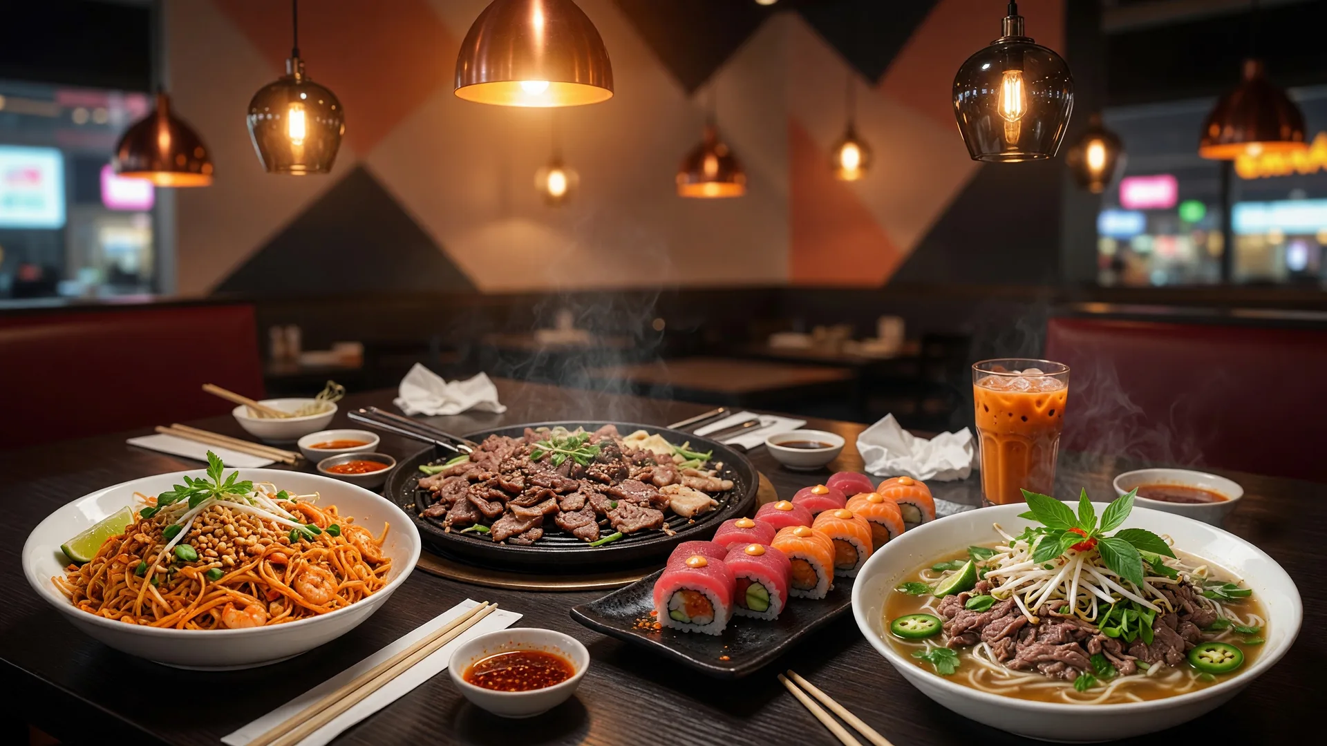 Colorful spread of authentic Thai dishes at Weera Thai in Southwest Las Vegas — curries, noodles, and spring rolls arranged on a table