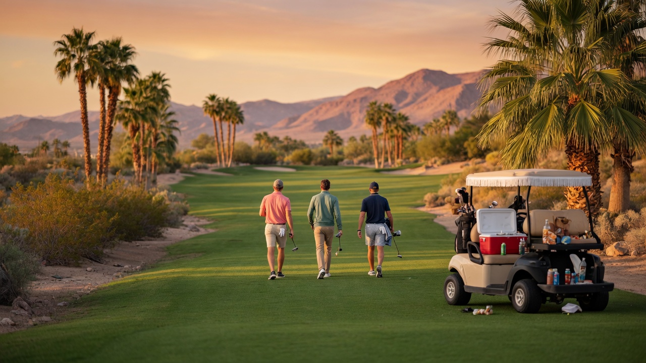 Casual golfers enjoying a relaxed social round at sunset on a Southwest Las Vegas golf course