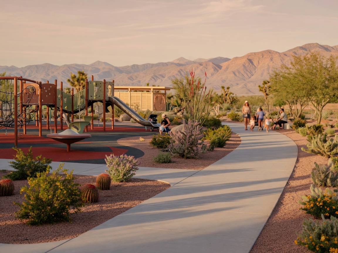 Community park in Mountain's Edge with mountain views and walking trails