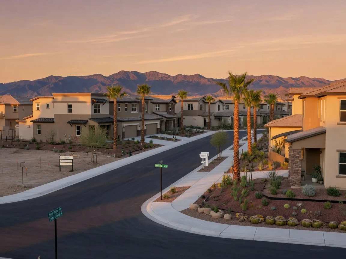Newly built model homes in a Southwest Las Vegas community at golden hour with desert landscaping and mountain views
