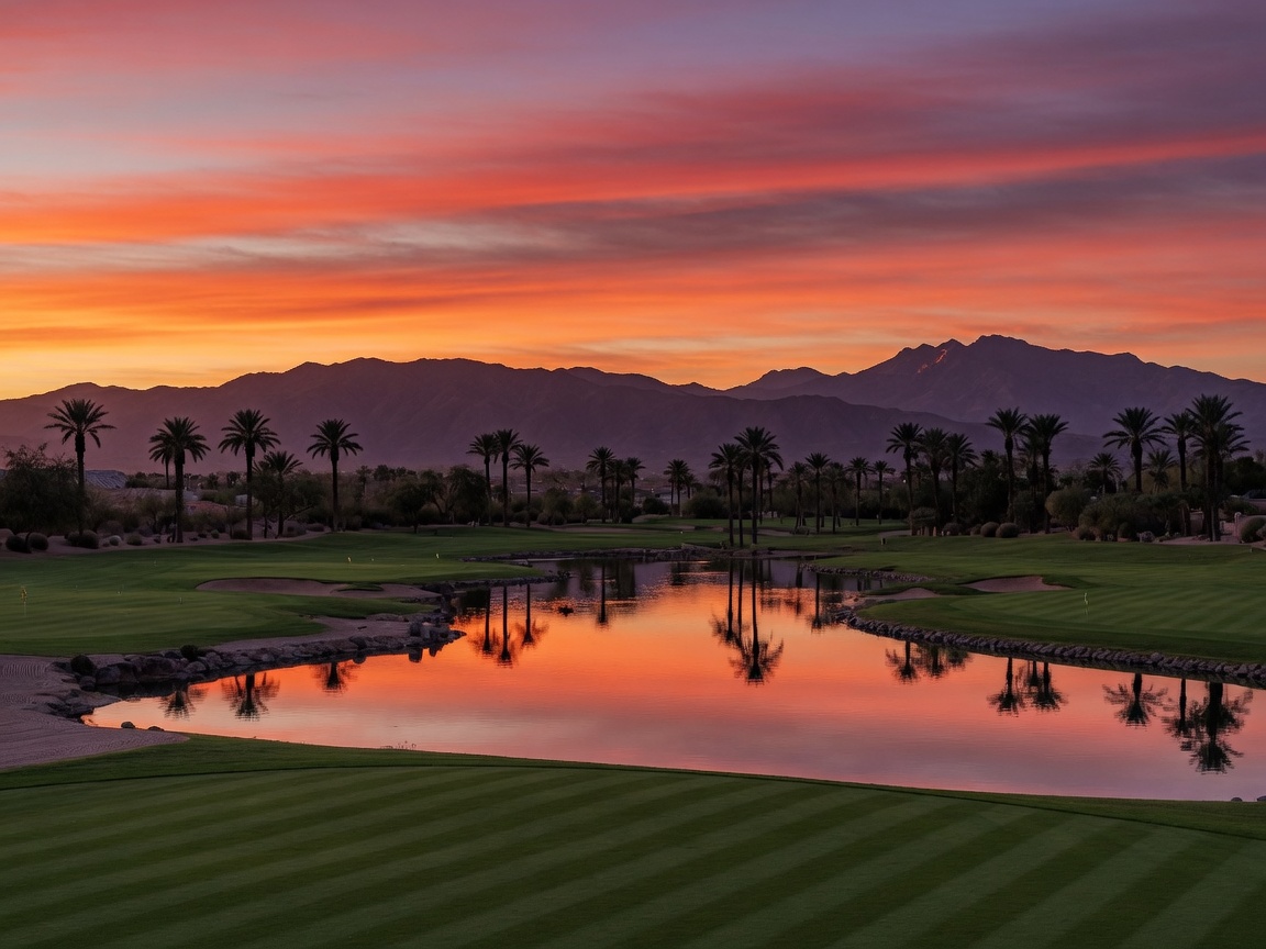 Second dramatic sunset view over the Rhodes Ranch golf course with water reflecting vivid colors