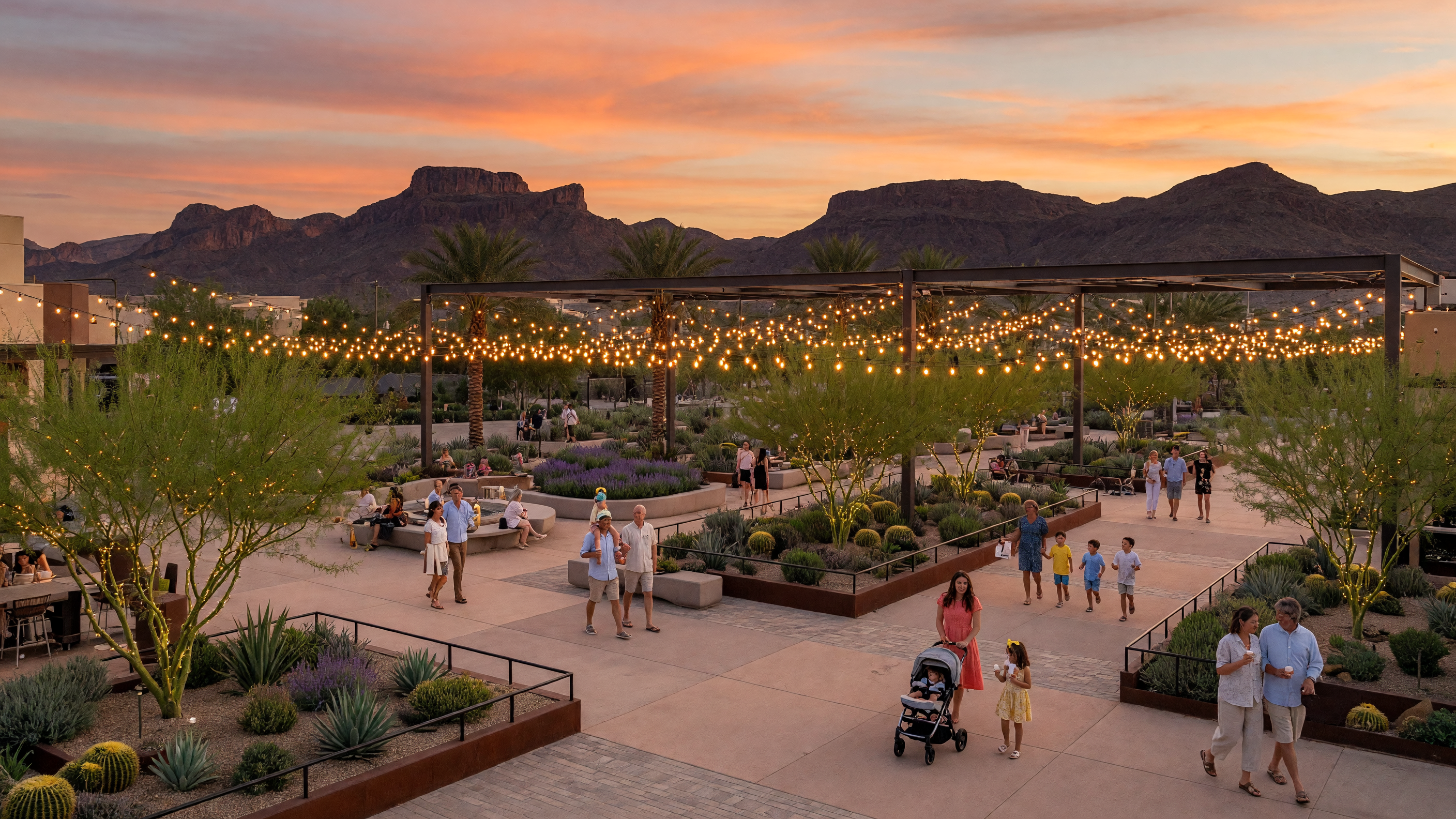 Outdoor plaza in Southwest Las Vegas with string lights, families walking, and desert mountains at sunset