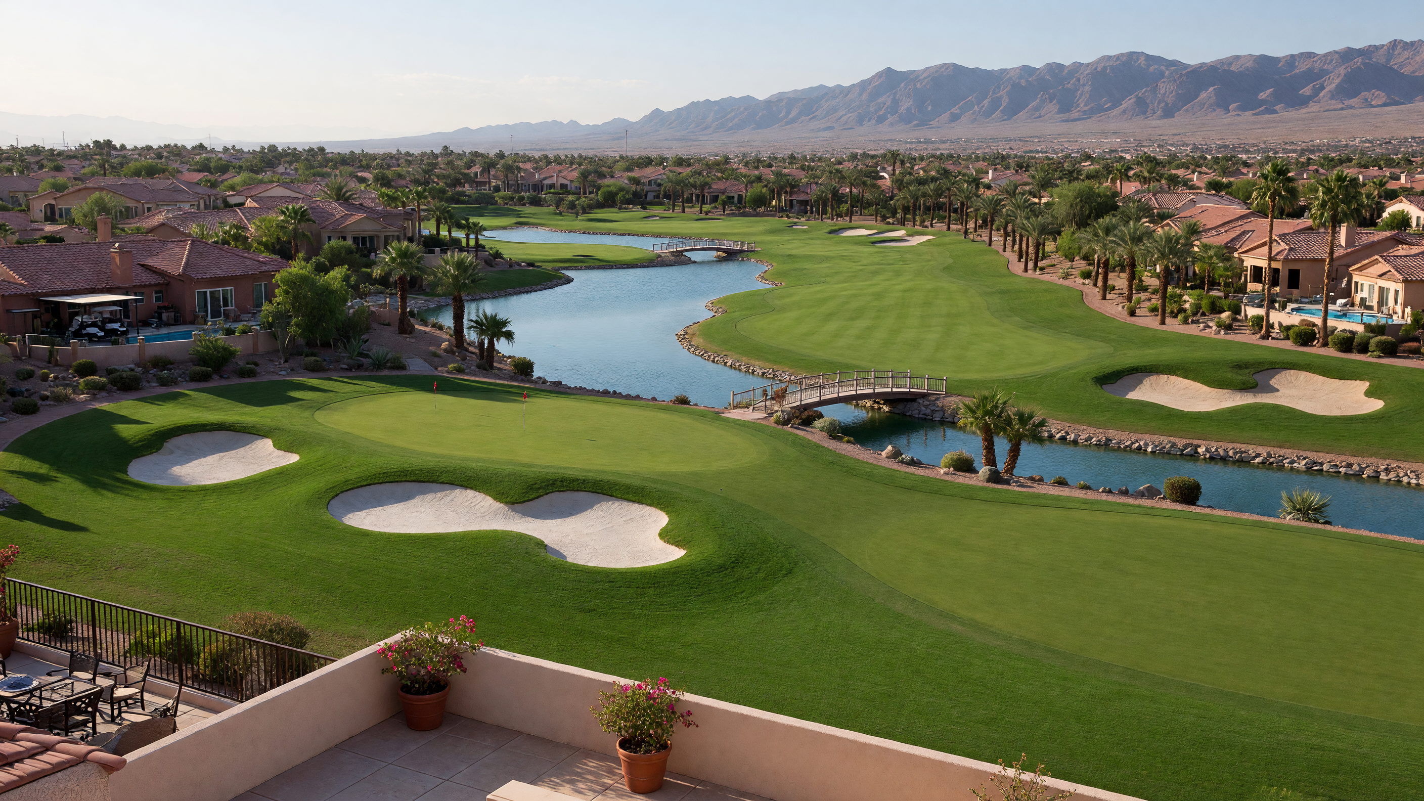 Scenic views of Rhodes Ranch Golf Club fairways with mountains and water features