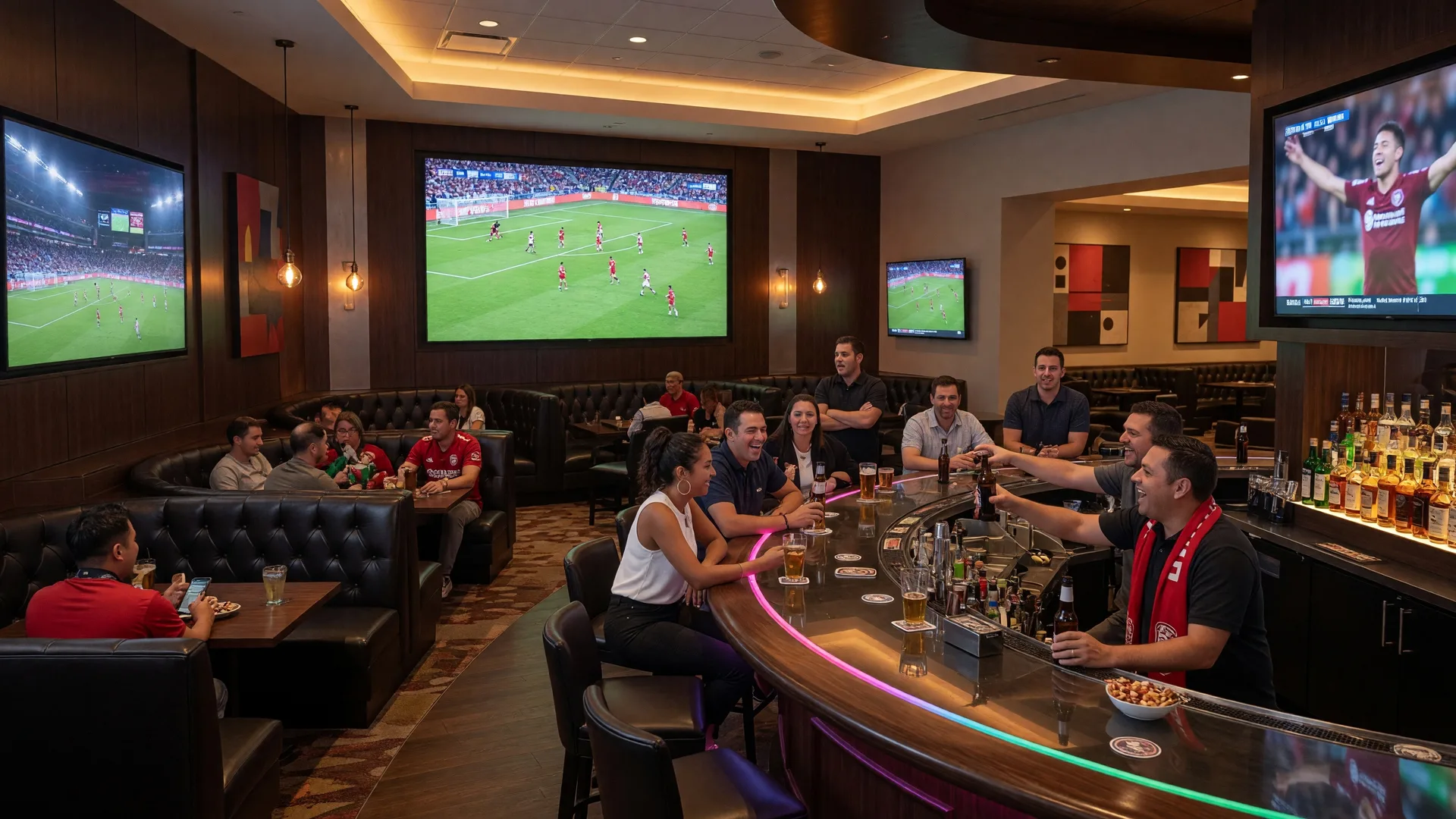 Interior of a modern sports lounge in Southwest Las Vegas with large screens showing a soccer match