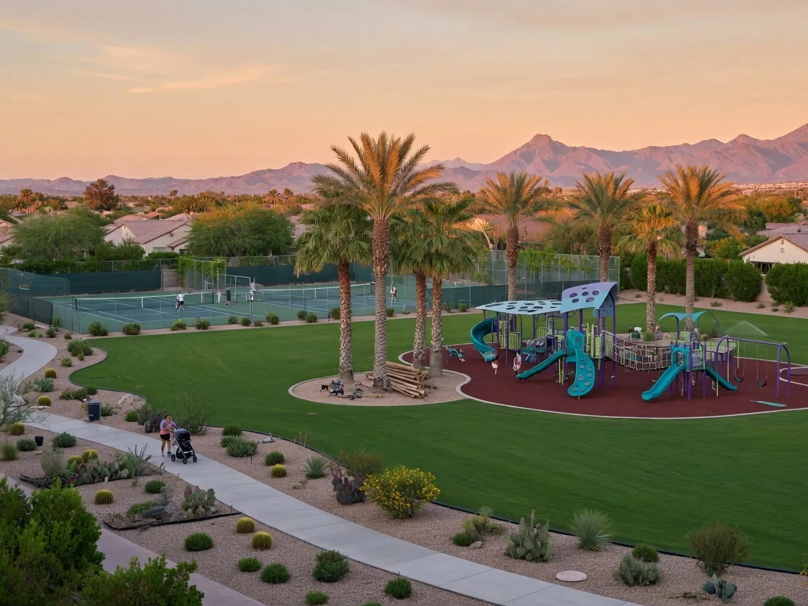 Community park in Nevada Trails with green grass, palm trees, walking paths, playground, and mountains in the background