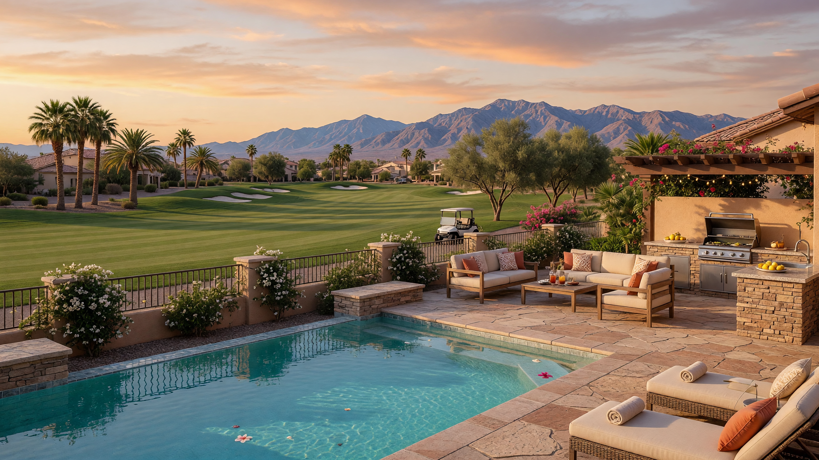 Golf course community backyard with pool and patio overlooking the fairway at Rhodes Ranch