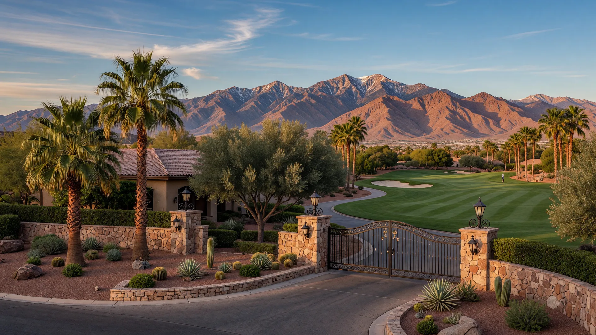 Spanish Trail guard-gated community entrance in Southwest Las Vegas with mature palm trees, stone pillars, manicured golf course fairway, and Spring Mountains backdrop at golden hour