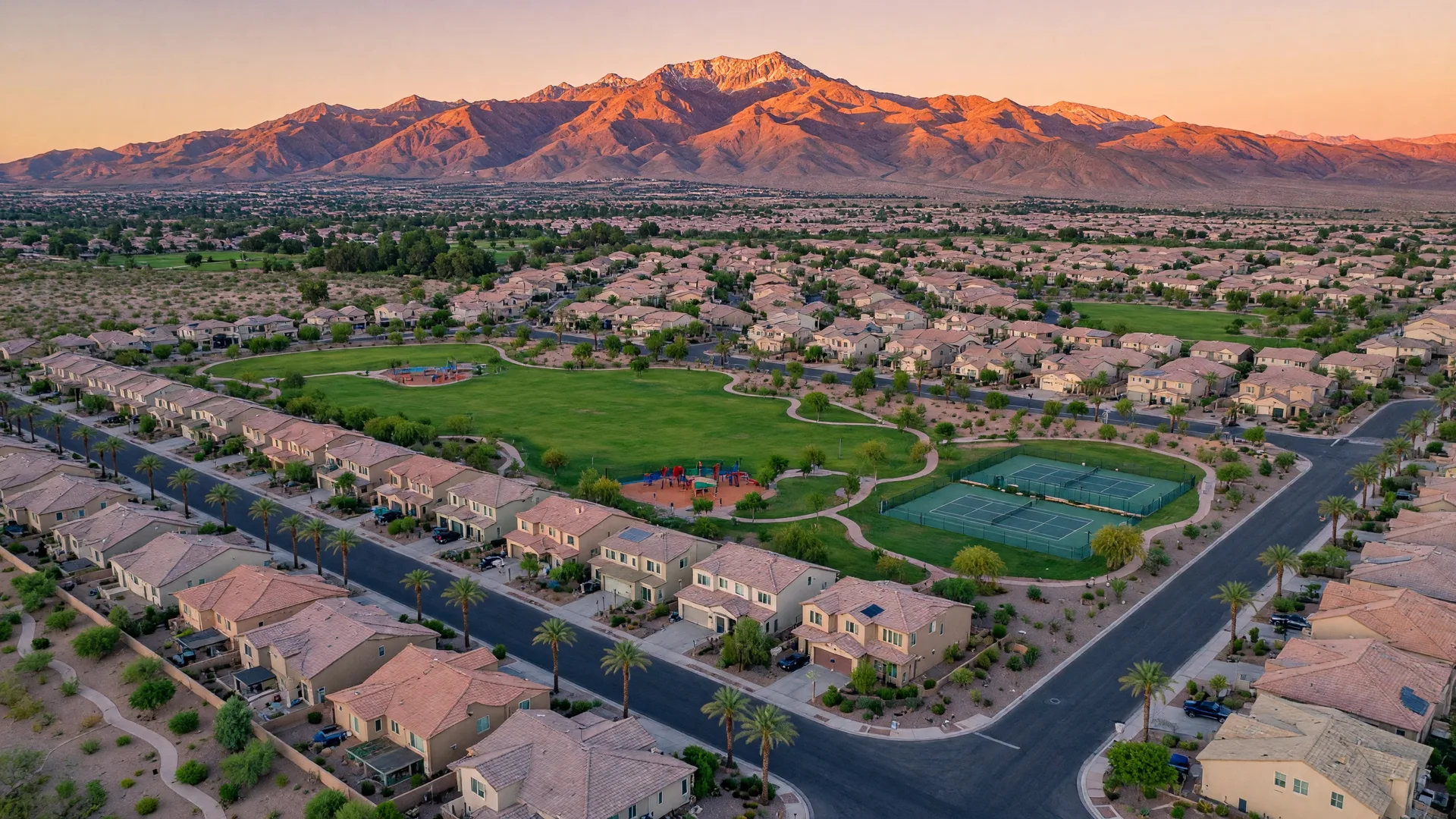 Aerial view of Nevada Trails master-planned community in Southwest Las Vegas with palm-tree-lined streets, green parks, walking trails, and the Spring Mountains at golden hour