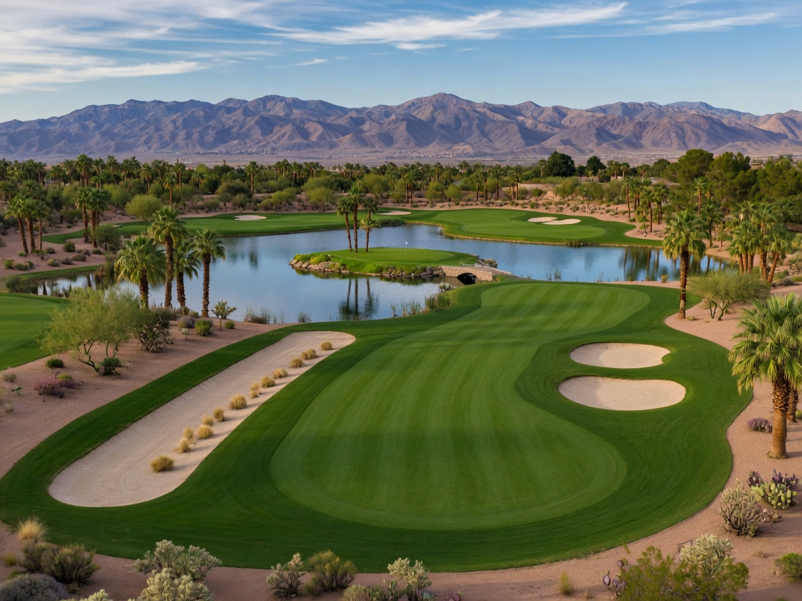Martin's sunset photo over the Rhodes Ranch golf course with palm trees and mountain silhouettes
