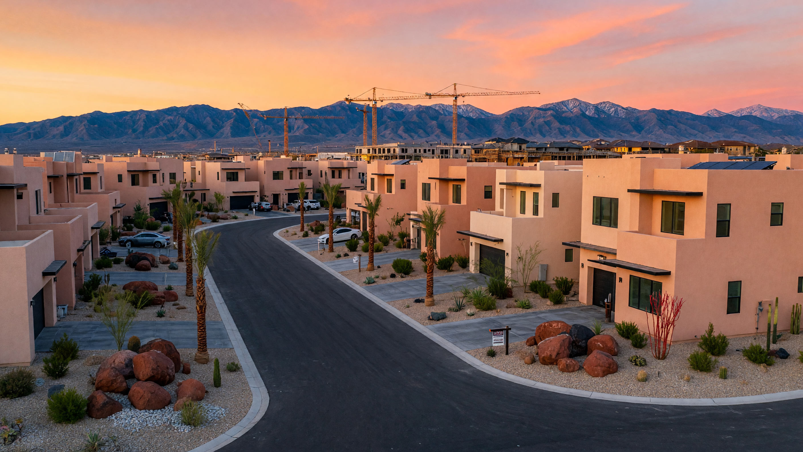 Row of new construction homes in Southwest Las Vegas at golden hour with desert mountain backdrop