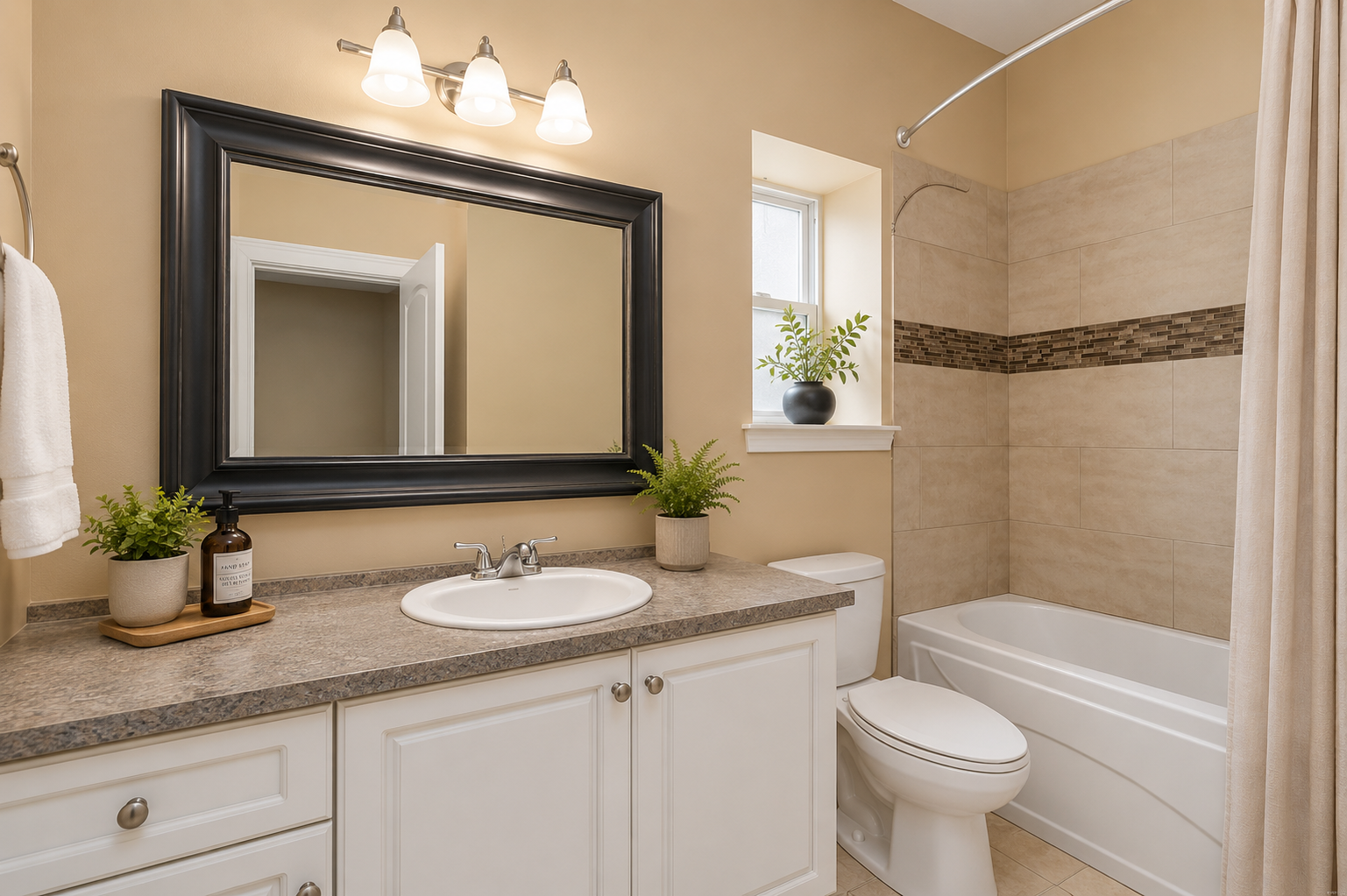 Bathroom vanity with white cabinetry, speckled laminate countertop, and mosaic tile accent in the tub surround