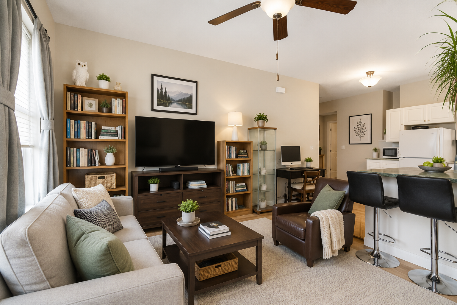 Open-concept living and kitchen area with warm hardwood floors and natural window light