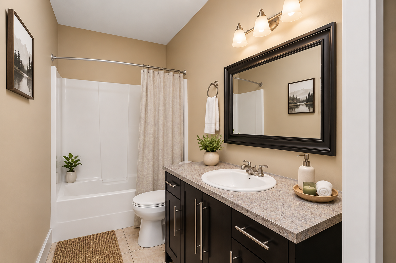 Bathroom with dark espresso vanity, neutral walls, and white tub-shower combination