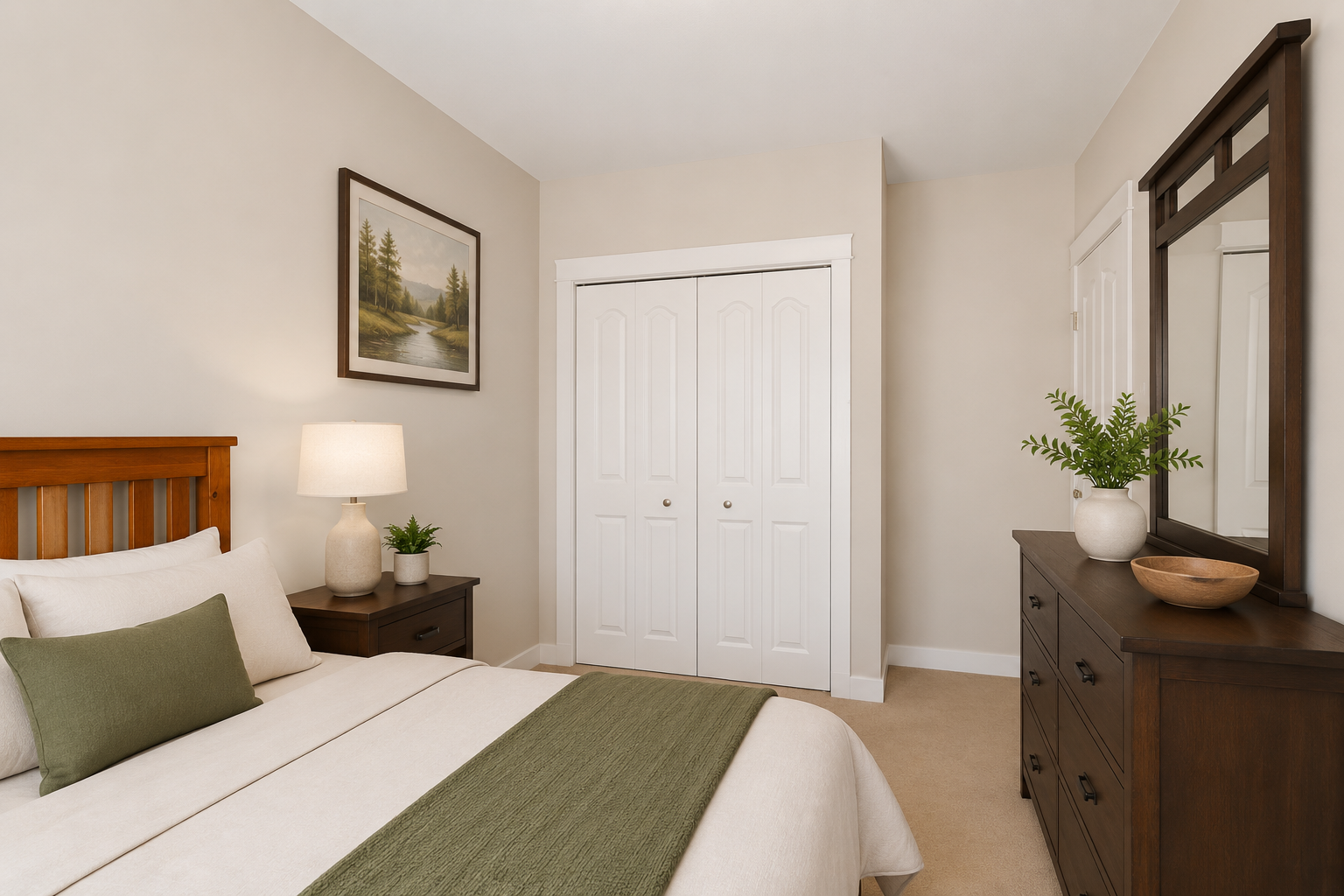 Secondary bedroom with neutral beige walls, wood-toned furniture, and soft overhead lighting
