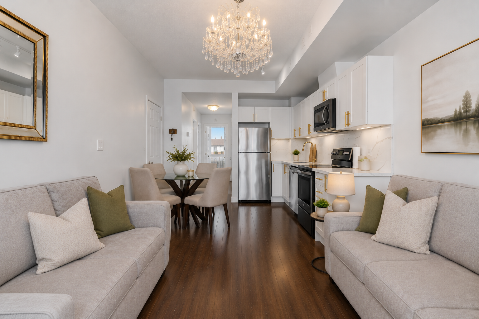 Open-concept living, dining, and kitchen area with sofas, dining table, and crystal chandelier — virtually staged