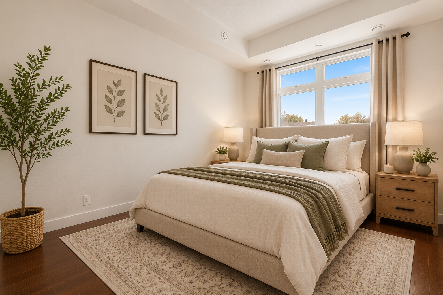 Modern master bedroom with warm wood accents, neutral palette, and natural daylight — virtually staged