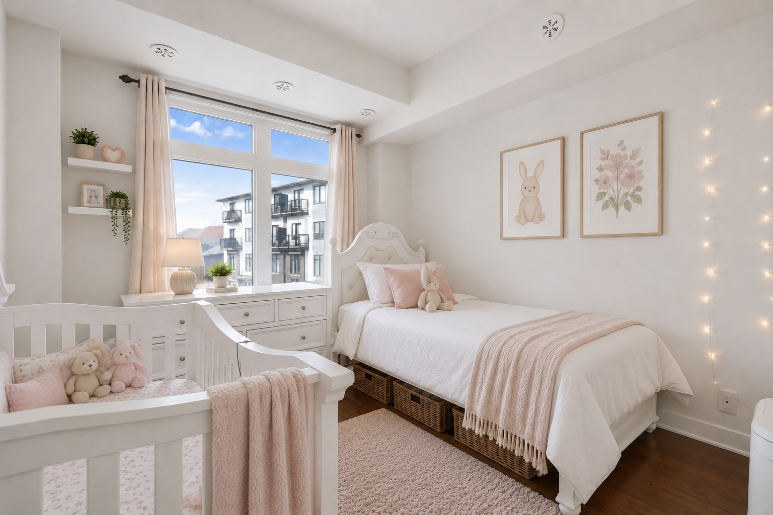 Secondary bedroom set up as a nursery and guest room with crib, dresser, and window — virtually staged