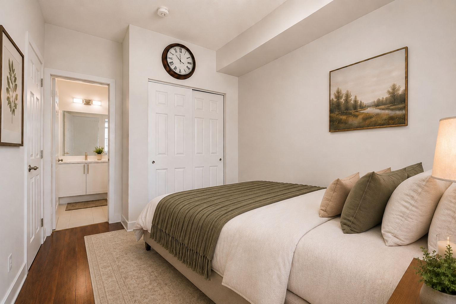 Master bedroom view toward closet and en-suite bathroom doorway with dark laminate flooring — virtually staged