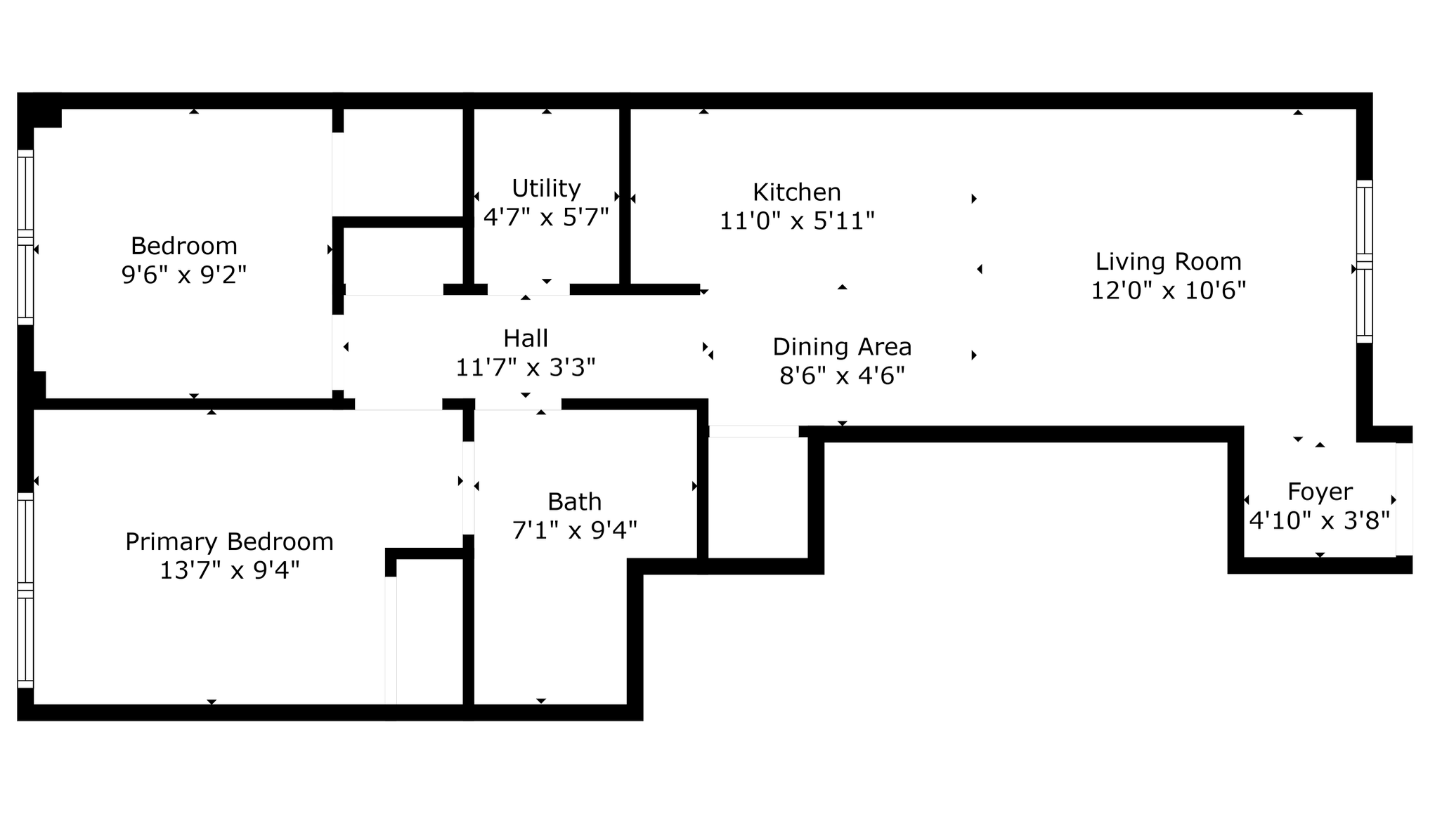 Detailed floor plan of 630 Rogers Rd #21 with room measurements — 2-bedroom, 1-bath main-floor townhouse layout showing kitchen, dining, living area, bedrooms, and foyer