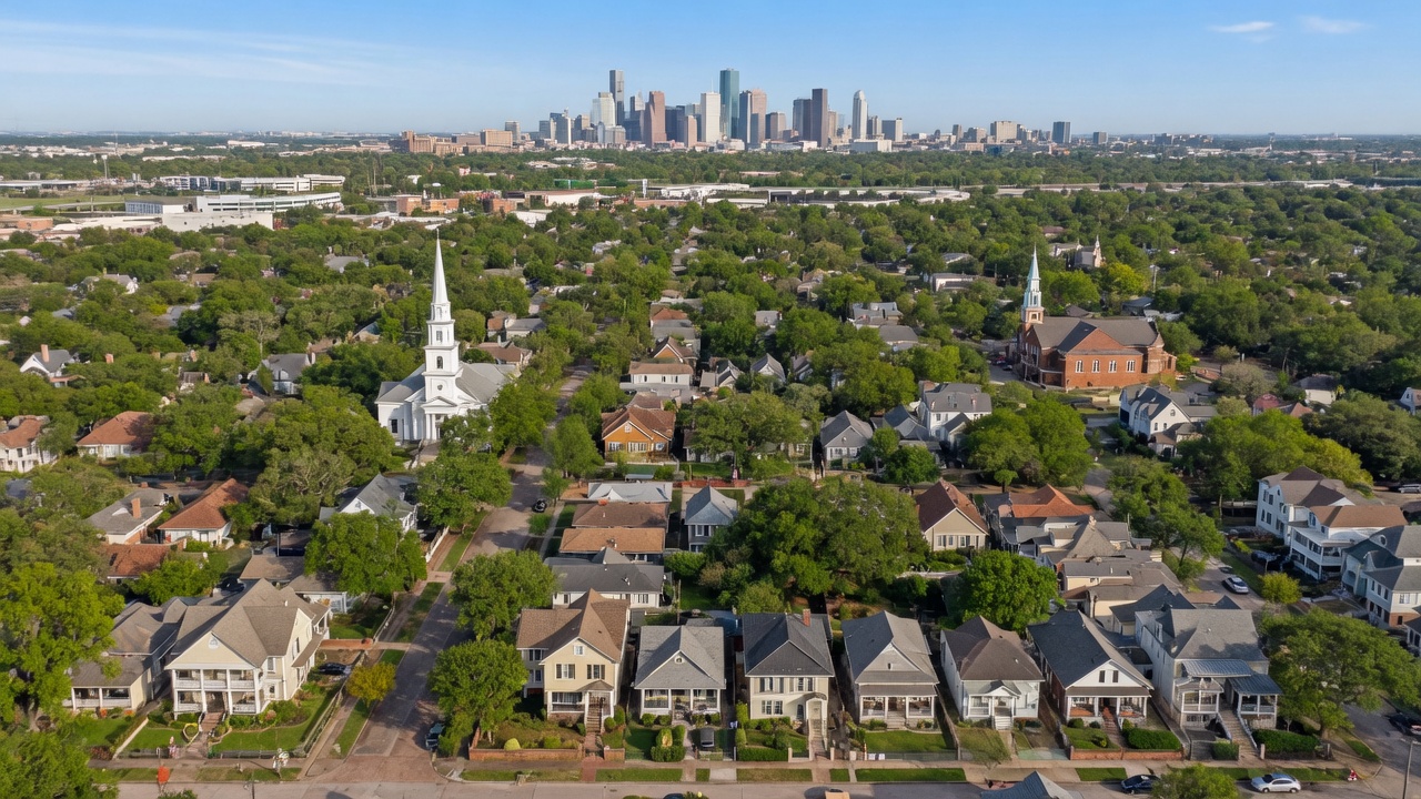 Tree-lined street in Houston Heights