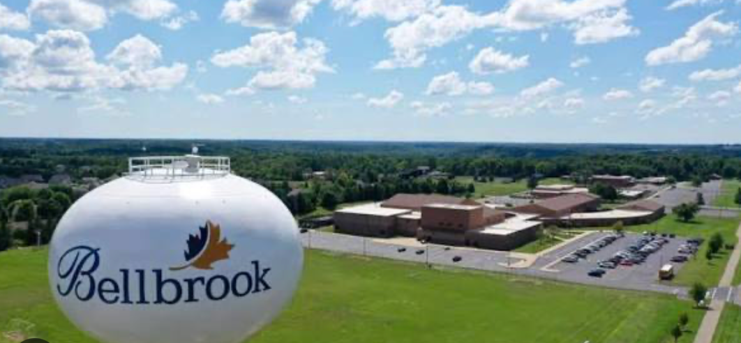 Drone aerial view of a water tower in Bellbrook Ohio