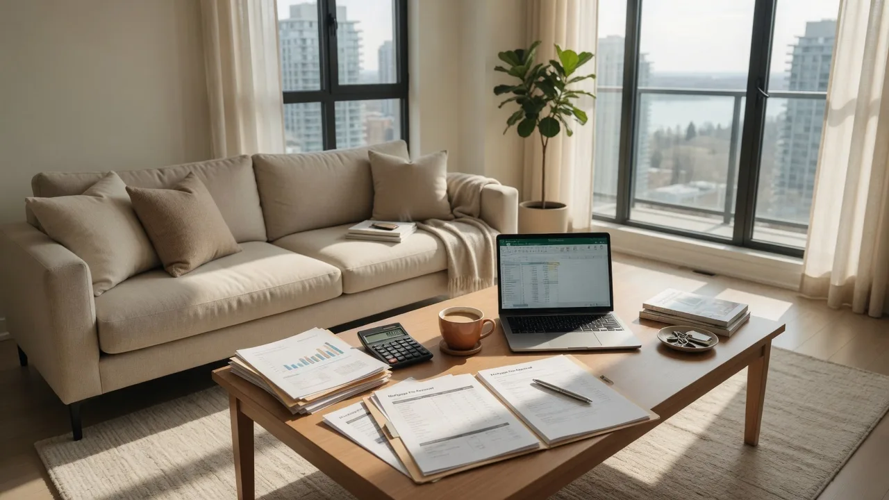 Modern condo living room with laptop, coffee, and financial documents suggesting thoughtful mortgage planning