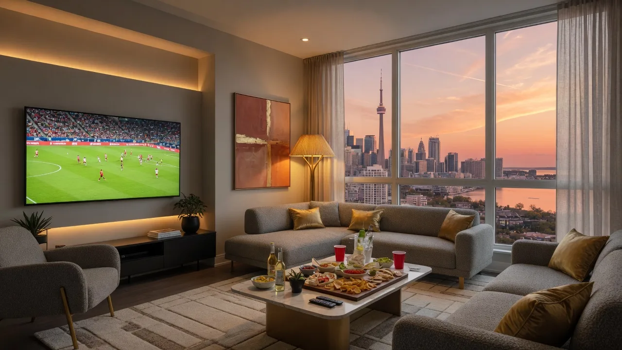 Modern condo living room with floor-to-ceiling windows and a game-day atmosphere at 50 George Butchart Drive