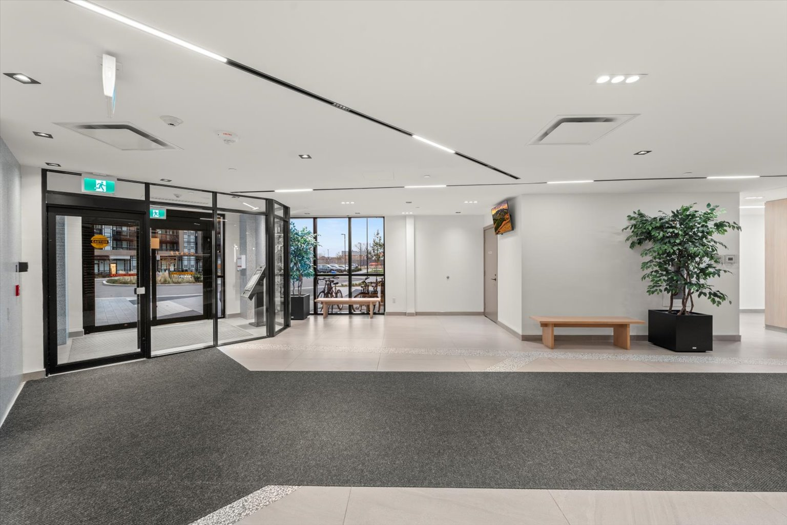 Building lobby with neutral palette and polished flooring