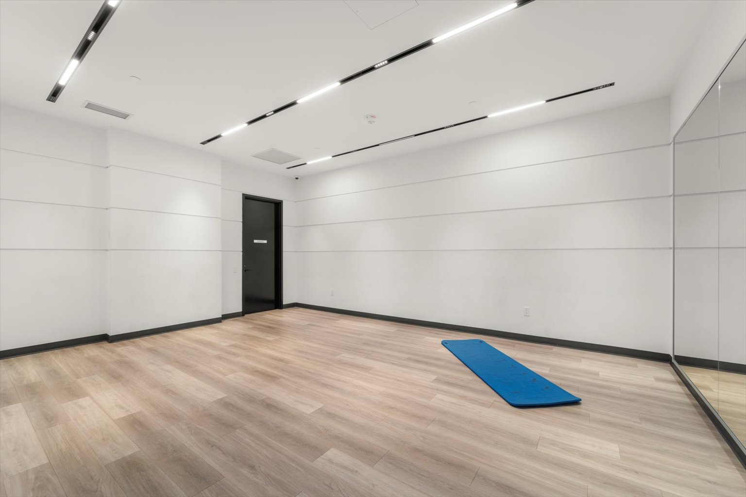 Yoga studio with floor-to-ceiling mirrors and wood flooring