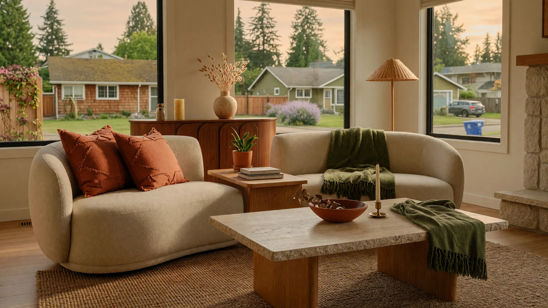 A warmly styled modern living room with earthy tones and natural textures