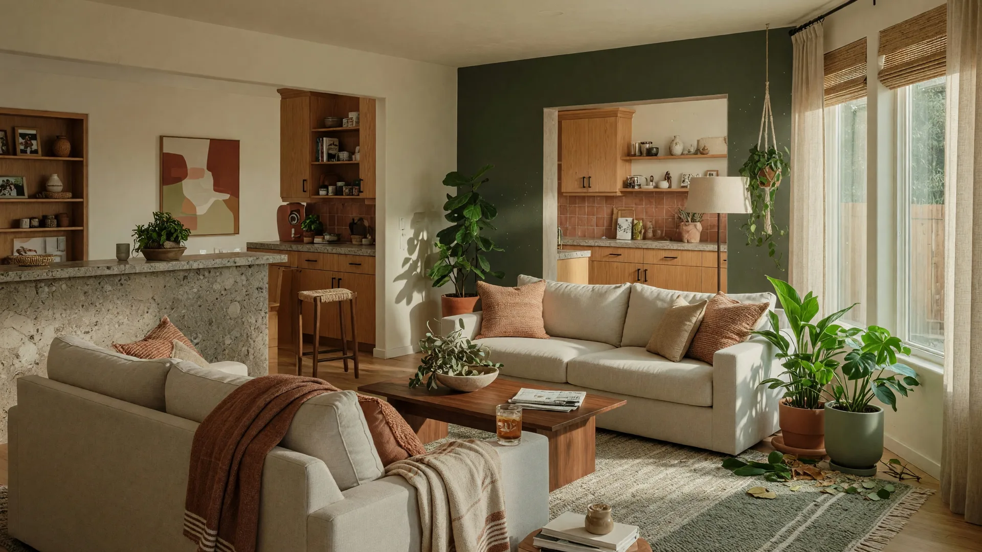 A bright, modern living space with warm earth tones and natural wood