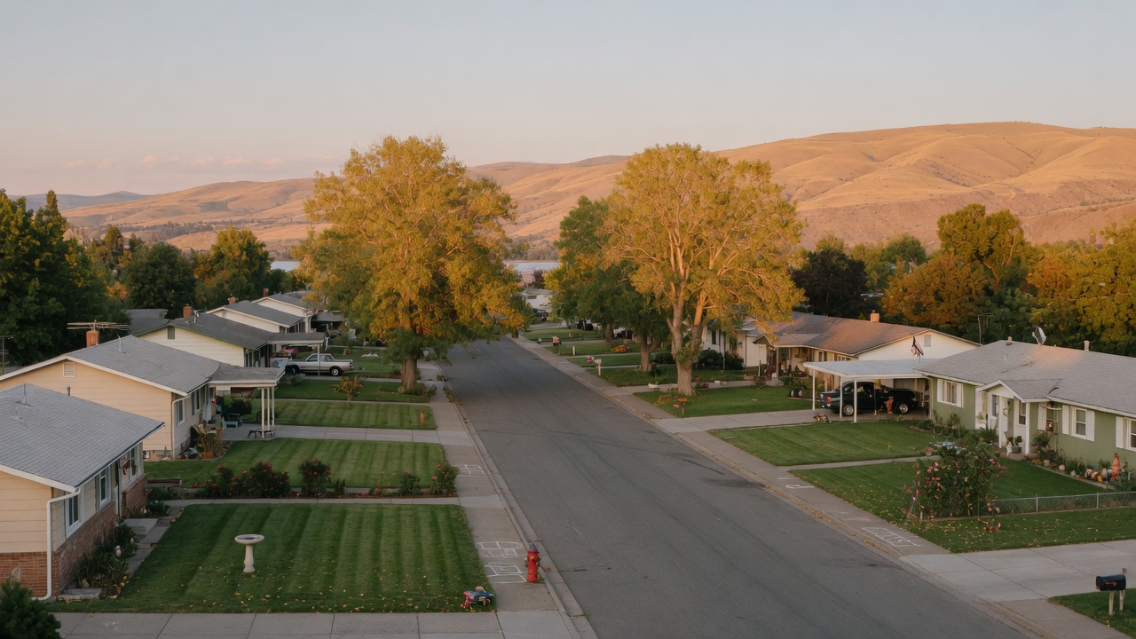 A tree-lined residential street in Kennewick, Washington