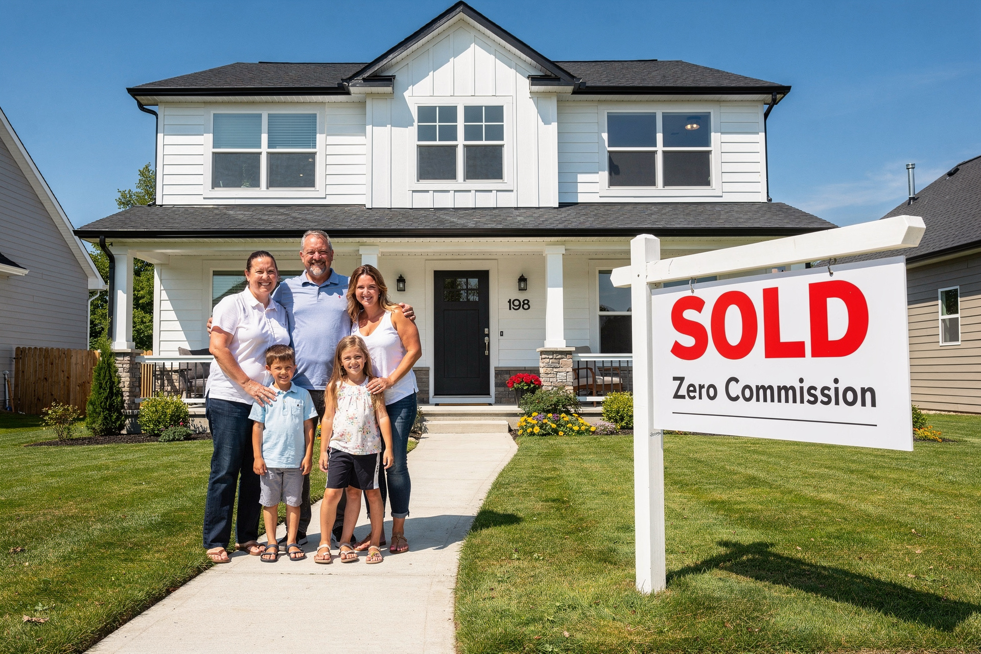 Family celebrating their home sale with a SOLD sign in front of their house