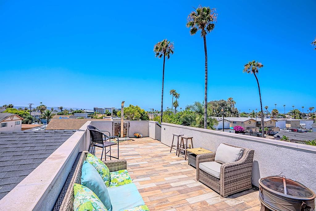 Rooftop deck with furniture and panoramic blue sky views