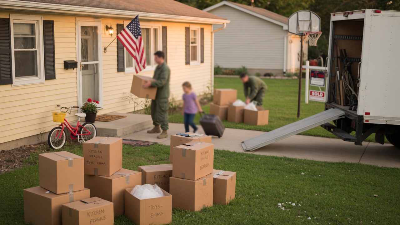 Suburban home with moving boxes