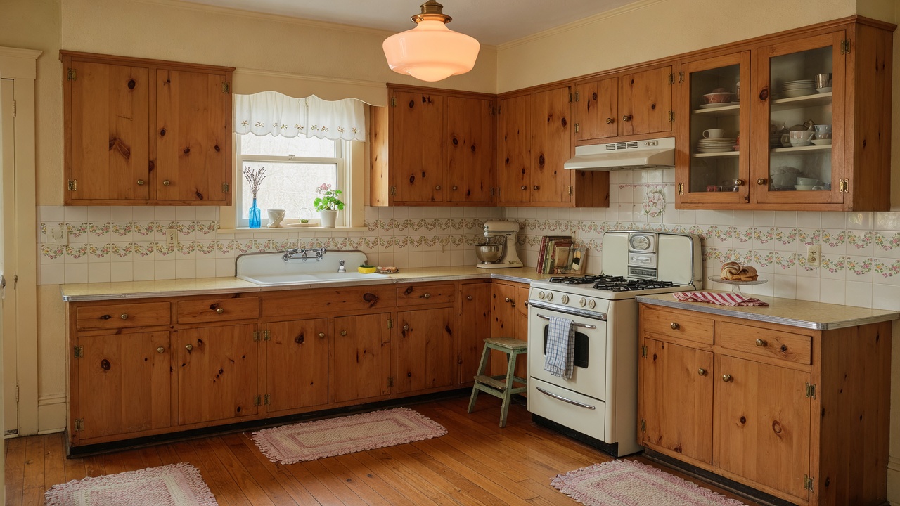 Classic 1950s kitchen with wood cabinets