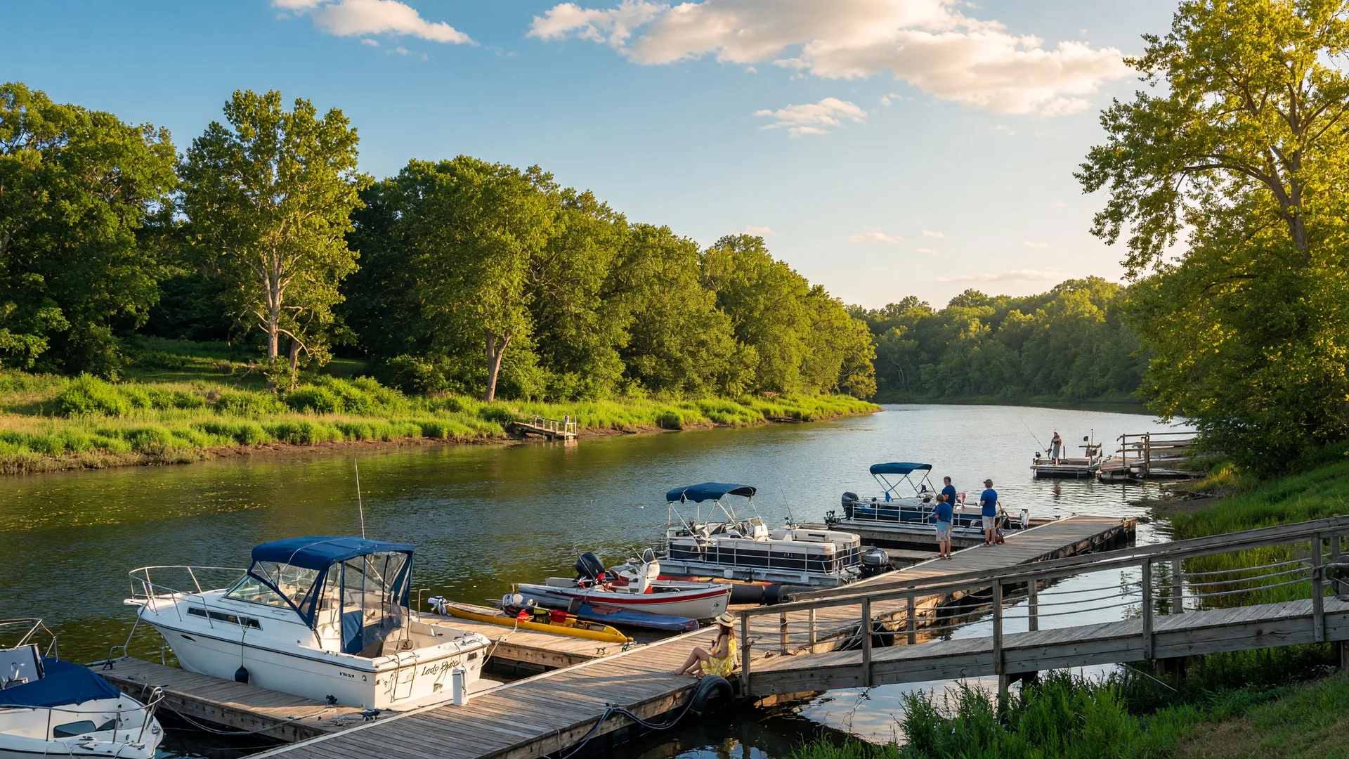 The Appomattox River waterfront in Hopewell VA on a sunny summer afternoon with the marina and boat docks