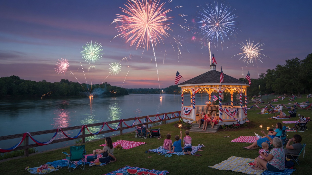 Fireworks reflecting on the Appomattox River at dusk in Hopewell VA