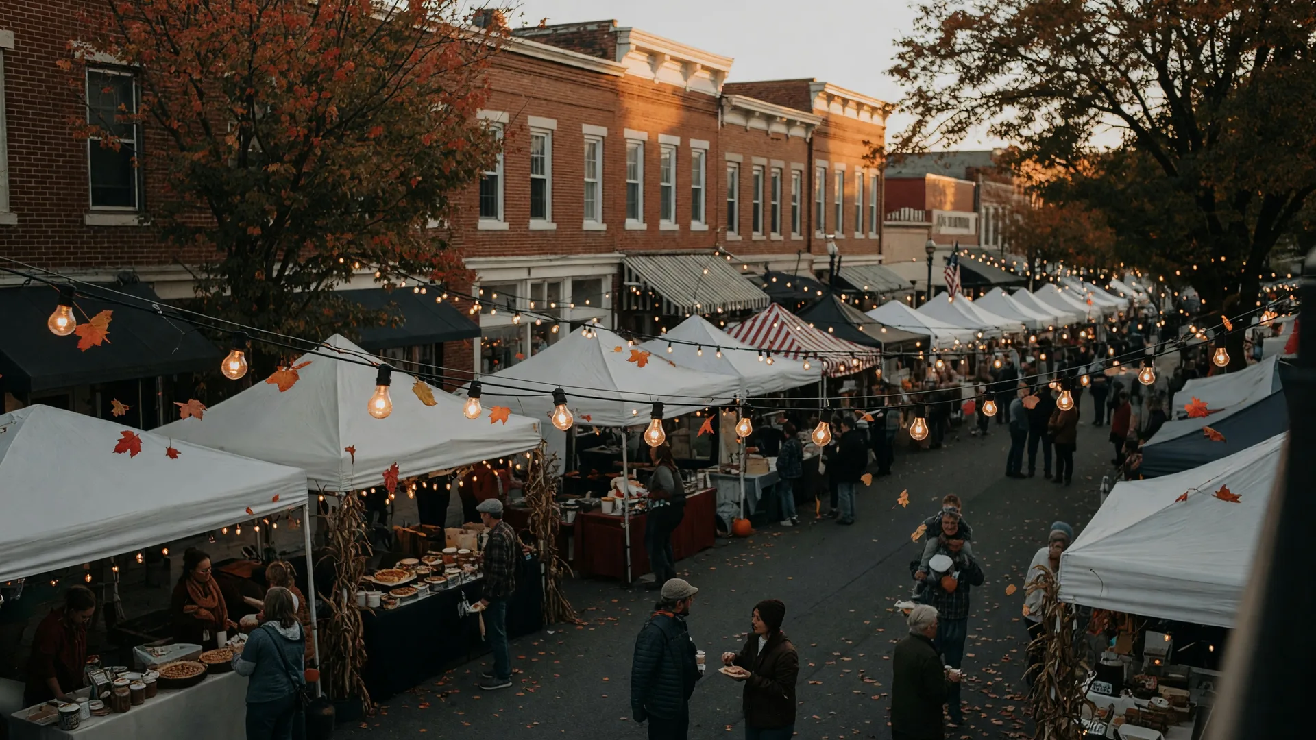 Outdoor community festival with string lights and vendor tents along a tree-lined street