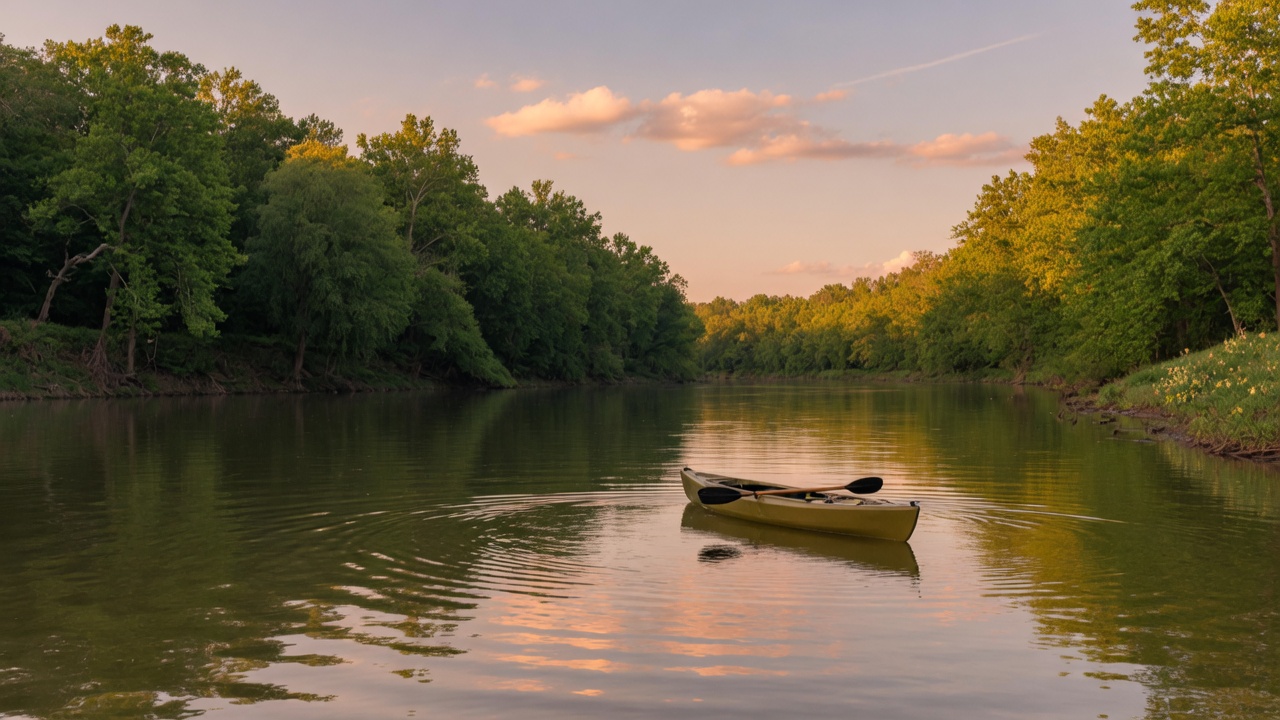 Scenic view of the Appomattox River with calm water and tree-lined banks at golden hour
