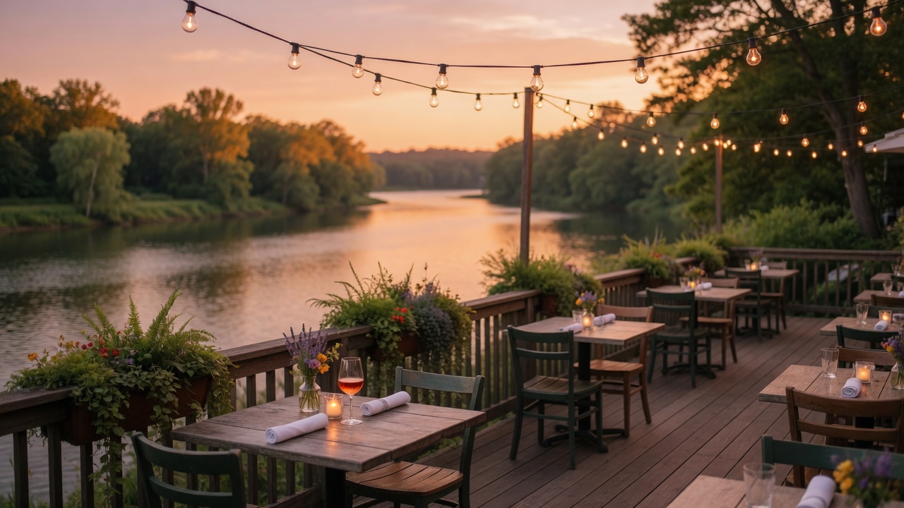 Waterfront dining patio at The Boathouse at City Point restaurant overlooking the river