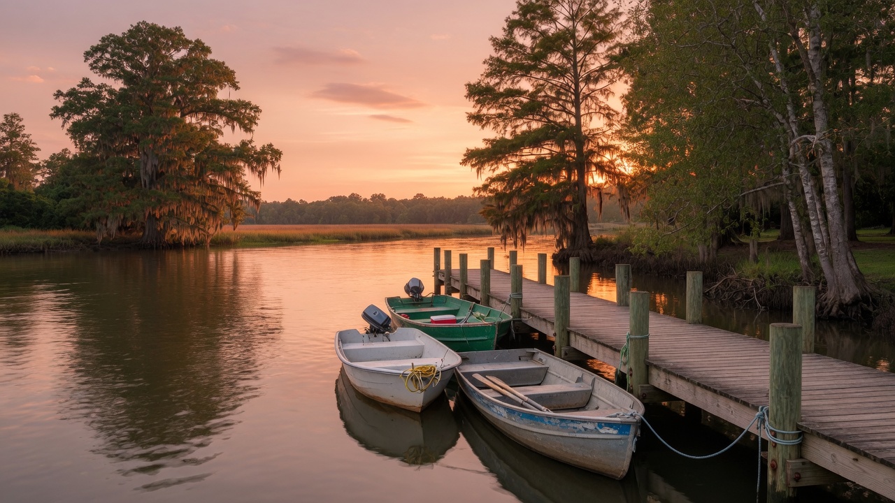 Hopewell City Marina boat landing with dock and boats at sunset