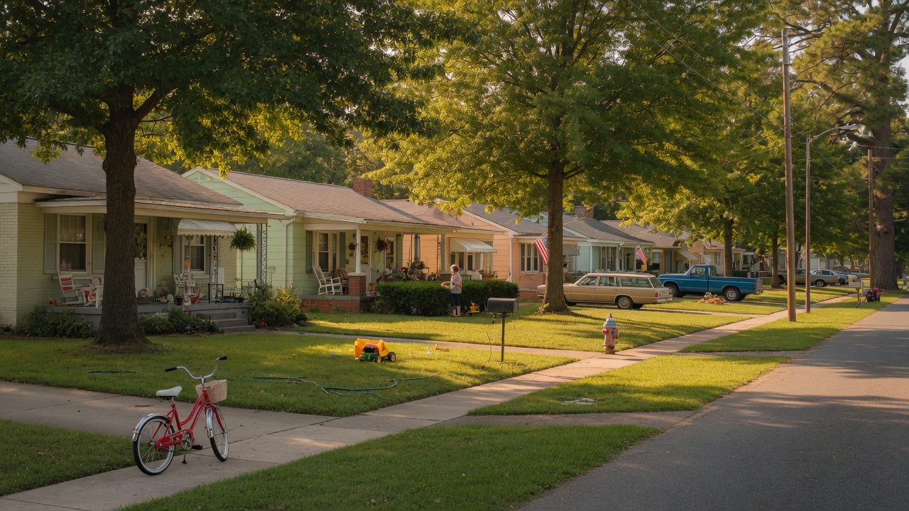 Tree-lined residential street in Crescent Hills Annex with charming 1950s homes and mature trees