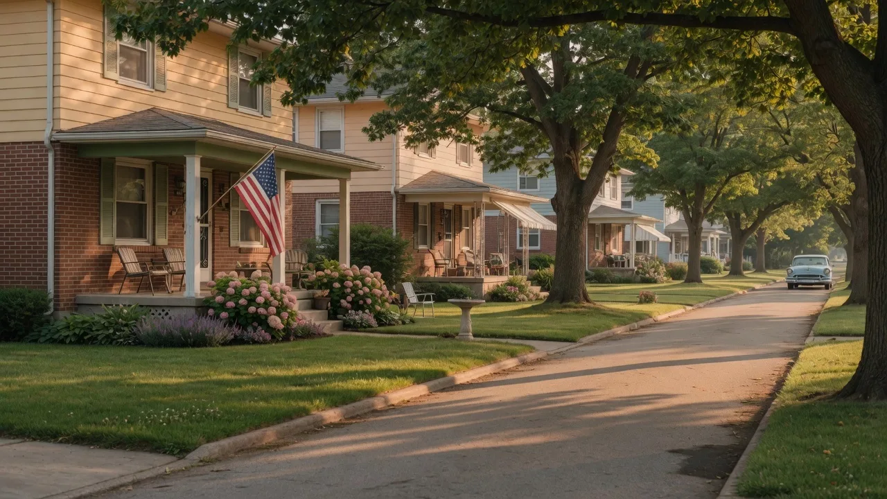 Quiet tree-lined street in Crescent Hills Annex with a classic 1950s home and front porch