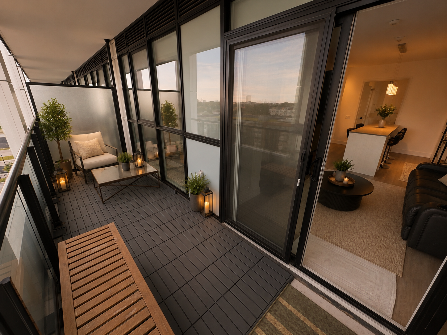 Balcony looking into the living room through glass sliding doors