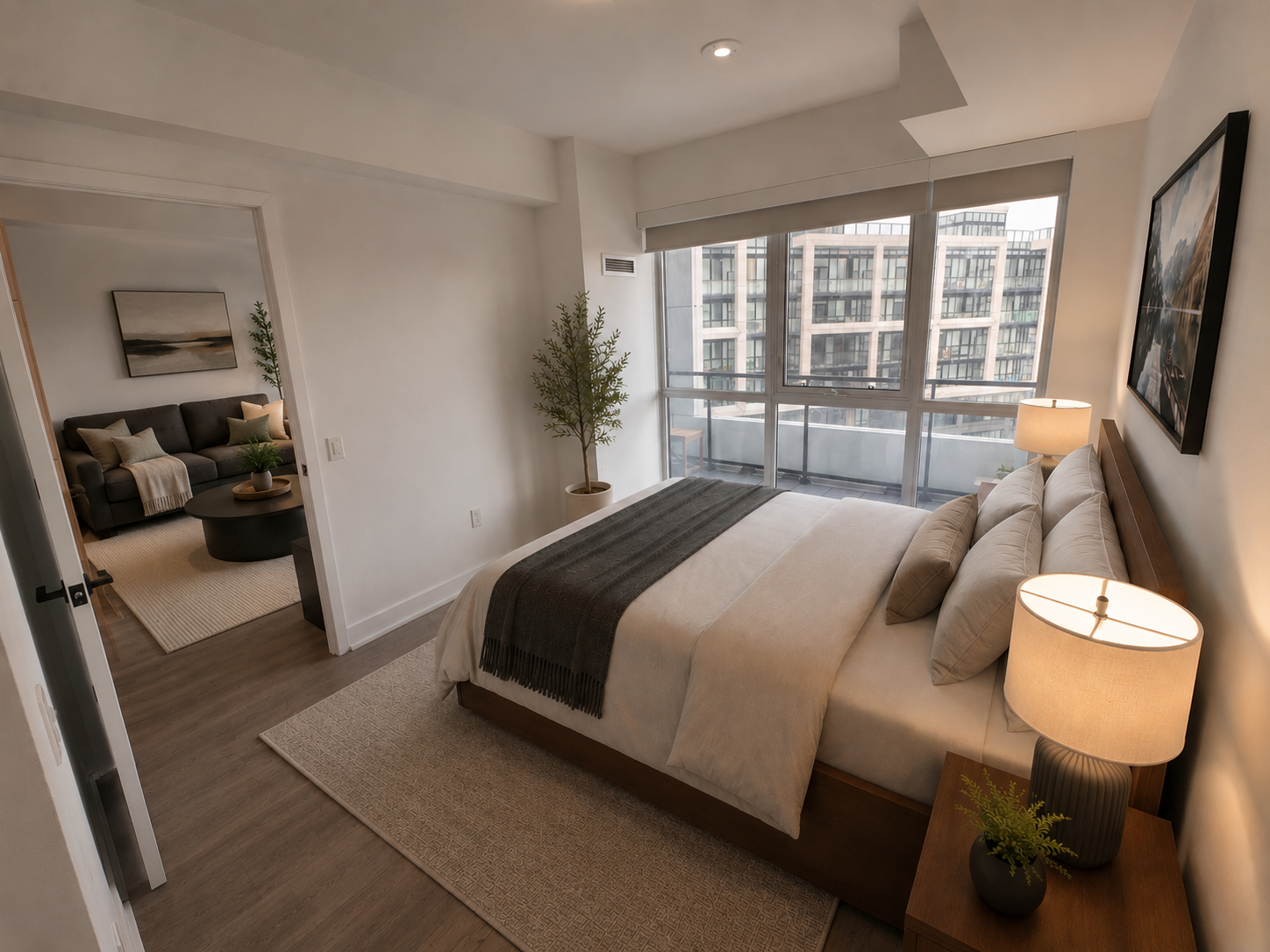 Virtually staged primary bedroom with ensuite connection and floor-to-ceiling windows