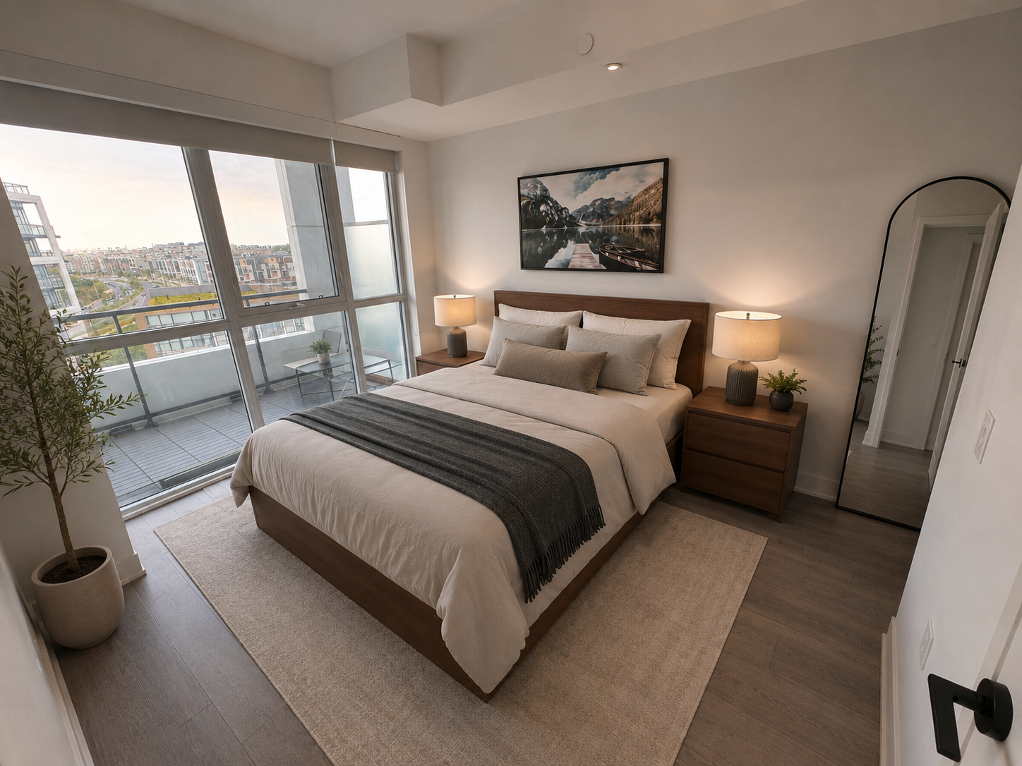 Primary bedroom with natural light and floor-to-ceiling windows