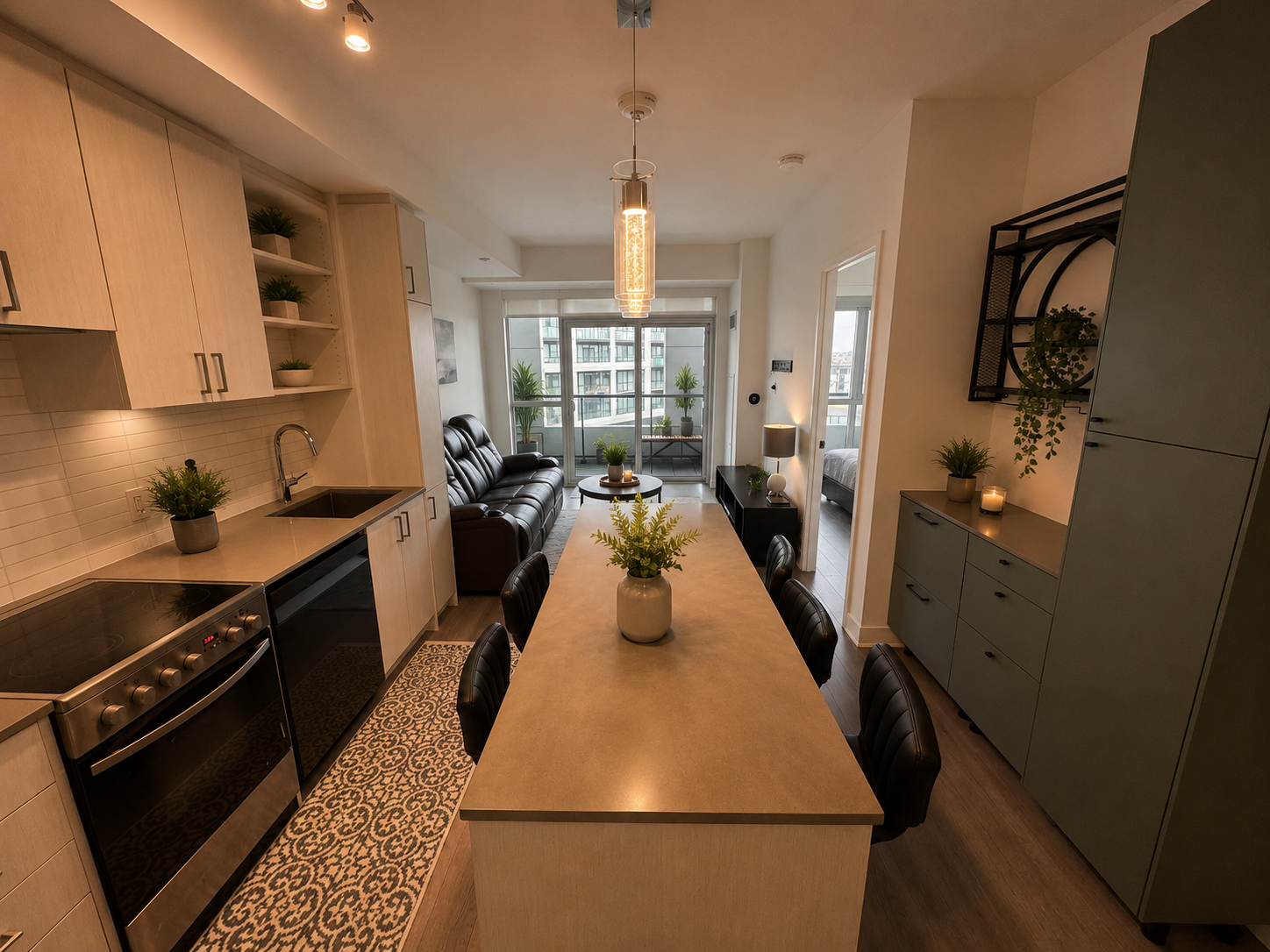 Virtually staged open-concept kitchen with sage green cabinetry and designer pendant lighting