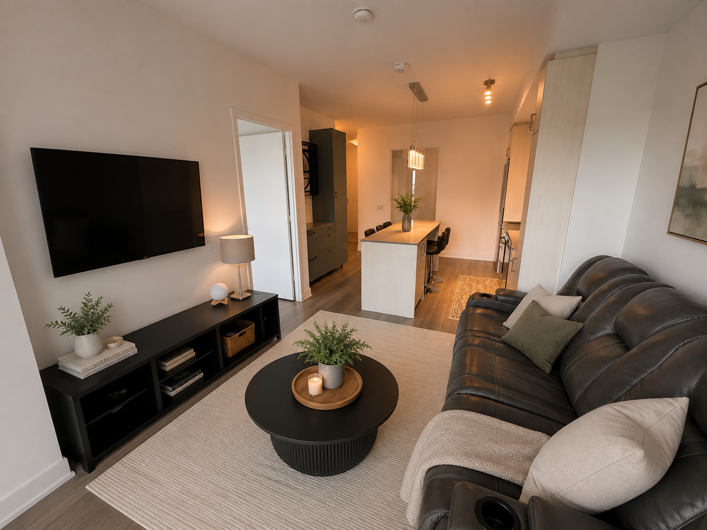 Open-concept living area with leather sofa, coffee table, TV, and kitchen island with stools and pendant light